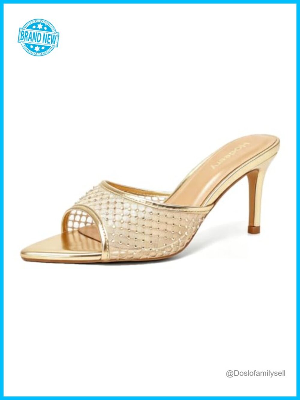 Women's Mesh Rhinestone Mule Heeled Sandals Faux Leather 3Inch Pointed Open Toe